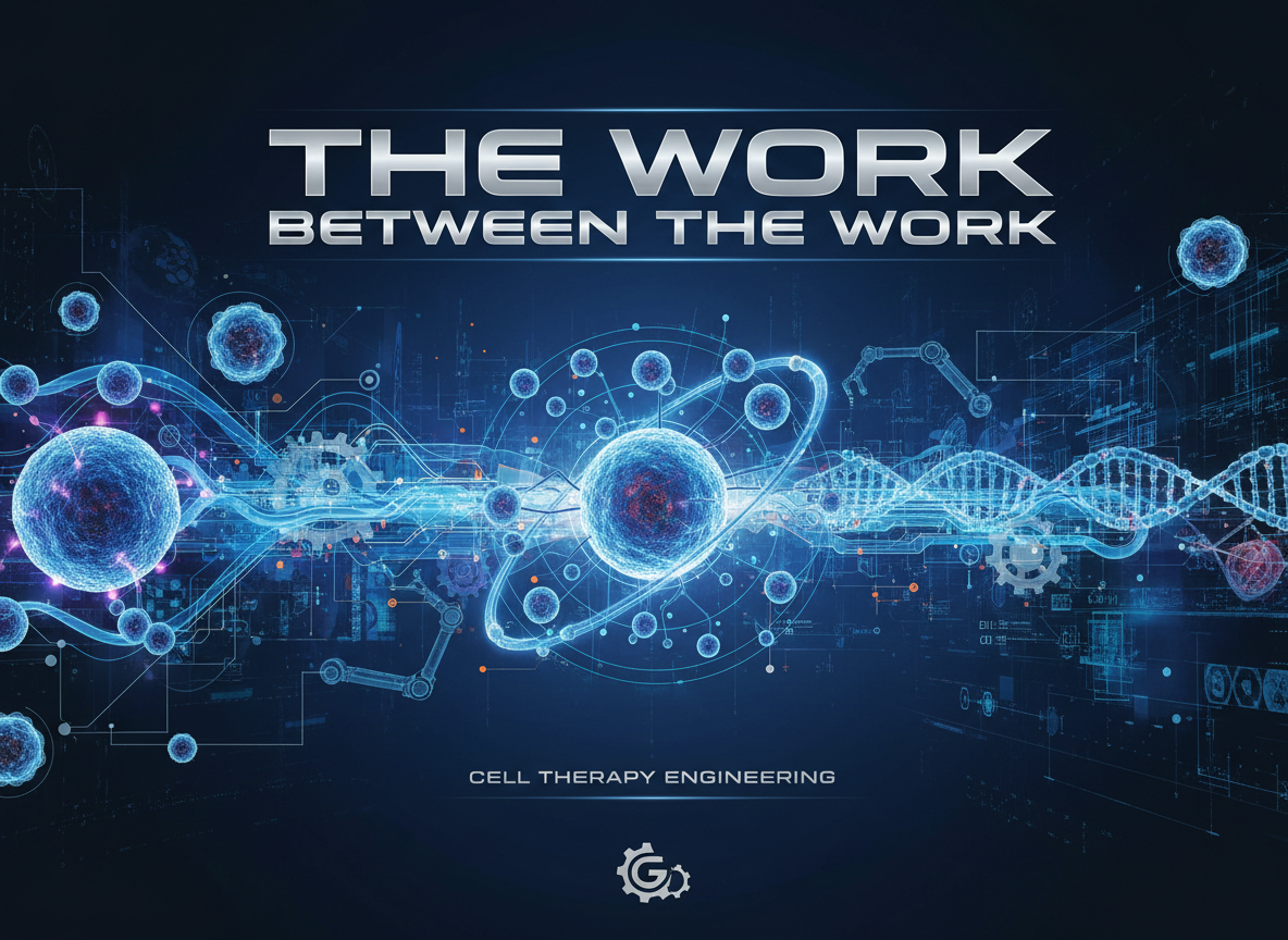 A generic book cover for the title 'The Work Between the Work', focused on cell therapy engineering. Design should include science, cells, and engineering graphics. Do NOT include any subtitle.